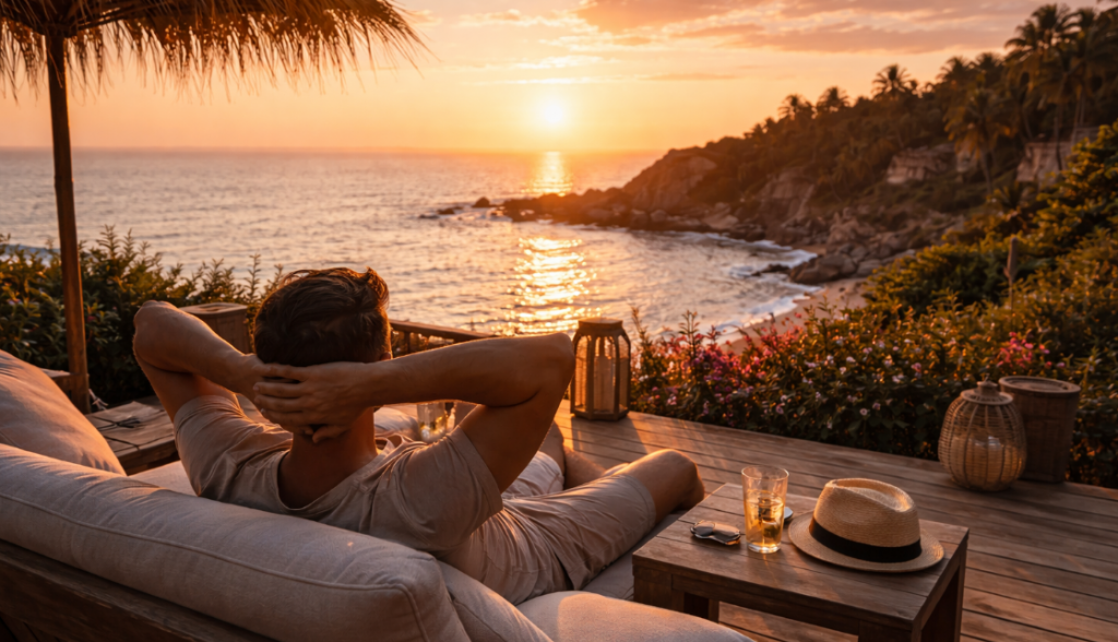 Mann entspannt auf einer Terrasse mit Blick auf das Meer bei orangefarbener Abendsonne