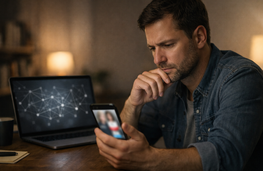 Mann analysiert Dating-App auf Smartphone – Matching-Logik und Sichtbarkeit bei Online-Dating