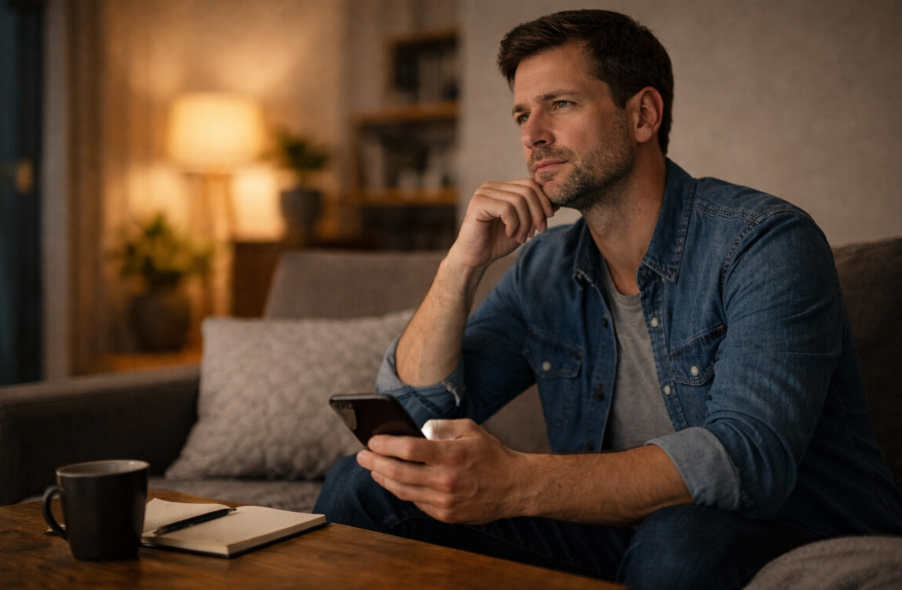 Nachdenklicher Mann mit Smartphone am Abend – Matching-Logik und Sichtbarkeit realistisch einordnen