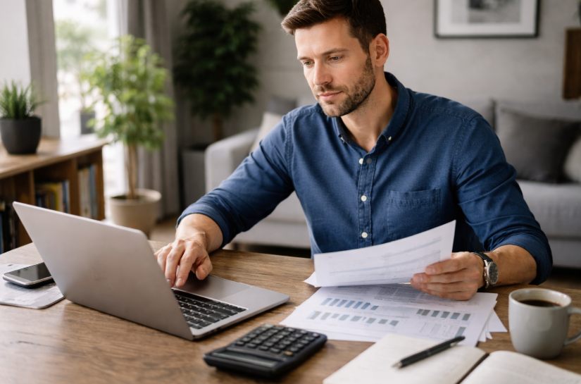 Monatsrate im Verhältnis zur eigenen Liquidität – Mann sitzt zuhause am Schreibtisch und recherchiert am Laptop mit Unterlagen und Taschenrechner in ruhiger Arbeitsatmosphäre