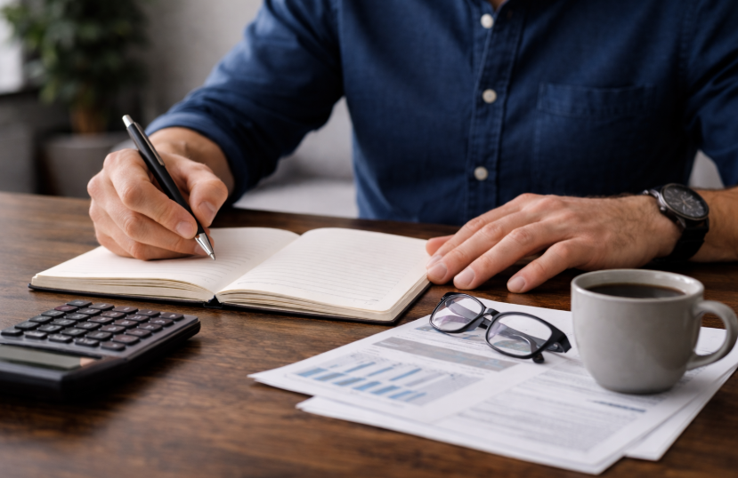 Monatsrate im Verhältnis zur eigenen Liquidität – Mann schreibt zuhause am Schreibtisch in ein Notizbuch mit Taschenrechner, Unterlagen und Laptop in ruhiger Arbeitsumgebung