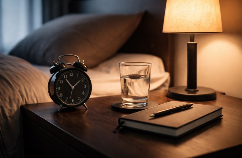 Morgen- und Abendroutinen im Alltag – ruhige Morgen- oder Abendszene mit Wecker, Glas Wasser und Notizbuch als strukturierender Tagesrahmen