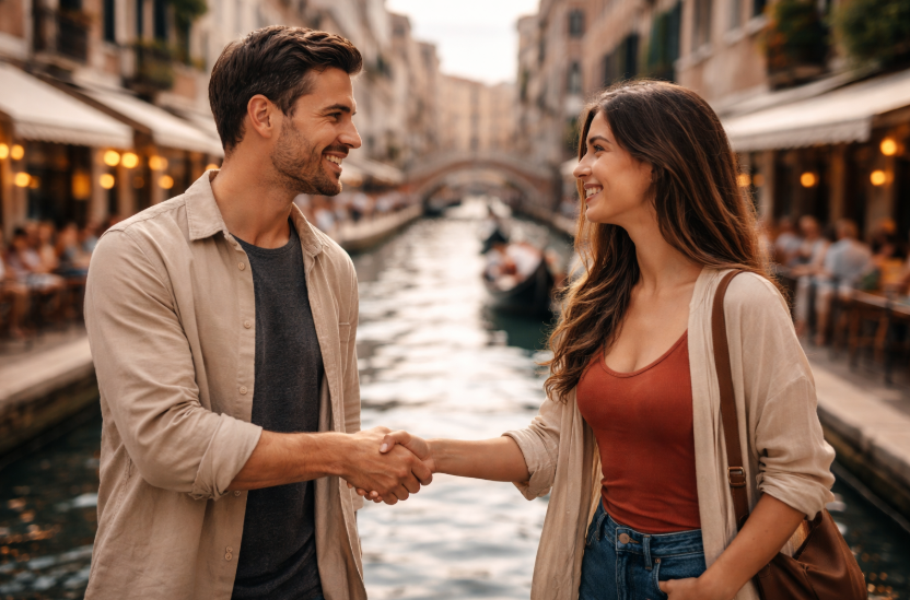 Online-Dating – Mann und Frau treffen sich beim ersten Date in heller, freundlicher Atmosphäre an einem Kanal in Venedig mit Cafés und Gondeln im Hintergrund