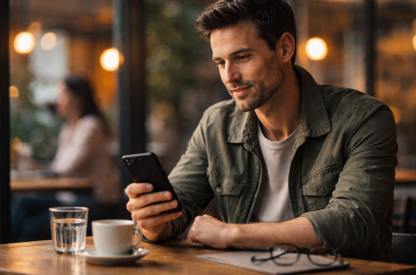 Partnerbörse ab 30 – Mann Anfang 30 sitzt in einem Café mit schwarzem Smartphone in der Hand und prüft nachdenklich seine Dating-Optionen