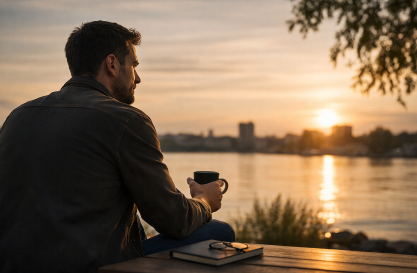 Partnerbörse ab 30 – nachdenklicher Mann sitzt am Wasser bei Sonnenuntergang und reflektiert ruhig seine Entscheidung für die passende Plattform