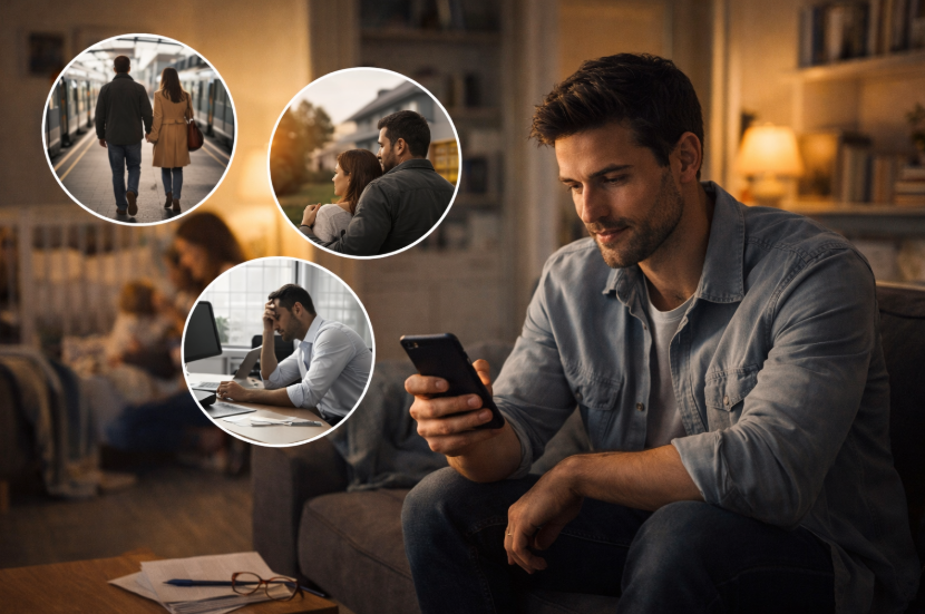 Partnerbörse ab 30 – Mann Mitte 30 sitzt in seinem Wohnzimmer und nutzt sein Smartphone im Kontext von Beruf, Beziehung und Alltag