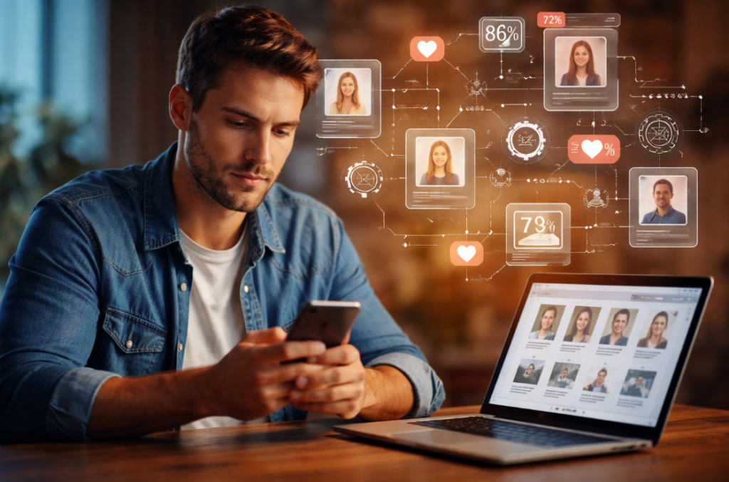 Warum Algorithmen keine Passung garantieren – Mann nutzt Dating-App auf Smartphone und Laptop, während digitale Matching-Symbole und Prozentanzeigen eingeblendet sind