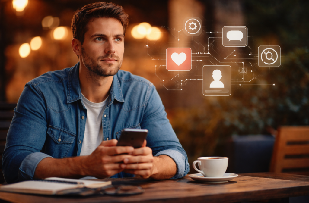 Warum Algorithmen keine Passung garantieren – nachdenklicher Mann mit Smartphone im Café, digitale Dating-Symbole dezent im Hintergrund