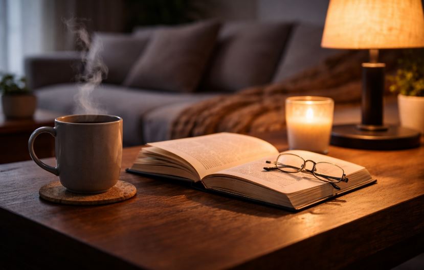 Schlaf, Pausen und Energie – ruhiger Tagesausklang mit Buch, warmem Licht und entspannter Atmosphäre als Grundlage für Erholung