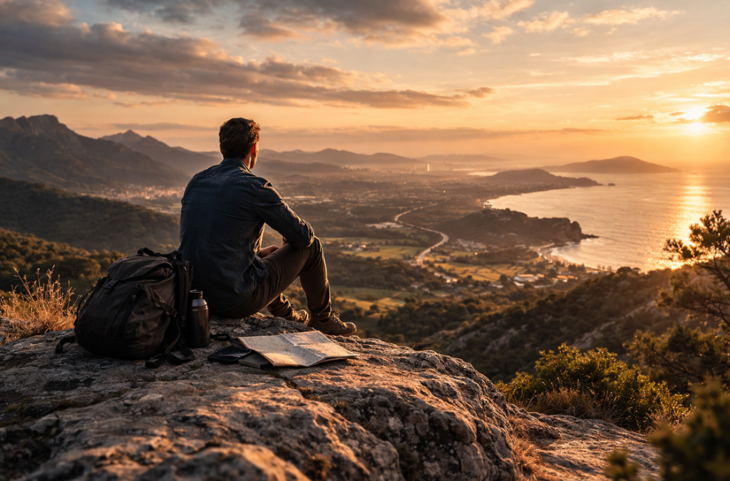 Reisen als Perspektivwechsel ohne Idealisierung – Mann sitzt mit Rucksack auf einem Felsen und blickt bei Sonnenuntergang über Tal und See