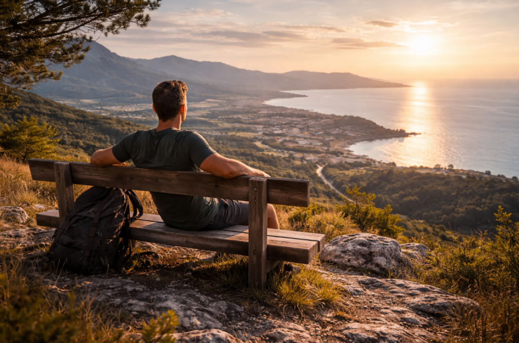 Reisen als Perspektivwechsel ohne Idealisierung – sportlicher Mann lehnt sich auf einer Bank zurück und blickt über Meer, Küste und weiten Himmel bei Abendlicht