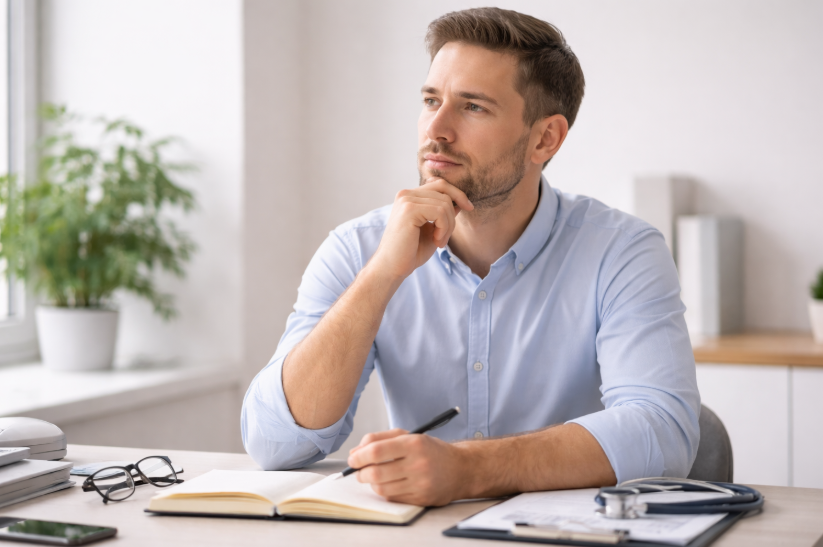 Mann sitzt nachdenklich am Schreibtisch und informiert sich über die Private Krankenvollversicherung in heller, seriöser Umgebung.