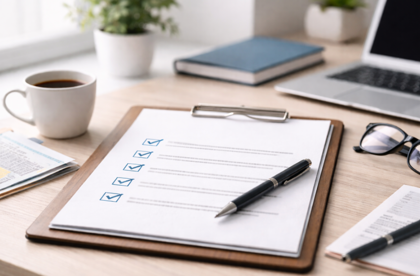 Ordentlicher Schreibtisch mit Checkliste und Stift als symbolische Einordnung zur Private Krankenvollversicherung in heller, seriöser Atmosphäre.