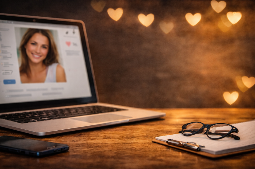 Lohnt sich eine Premium-Mitgliedschaft bei einer Partnerbörse – Laptop mit Dating-Profil in ruhiger, warmer Atmosphäre auf einem Schreibtisch