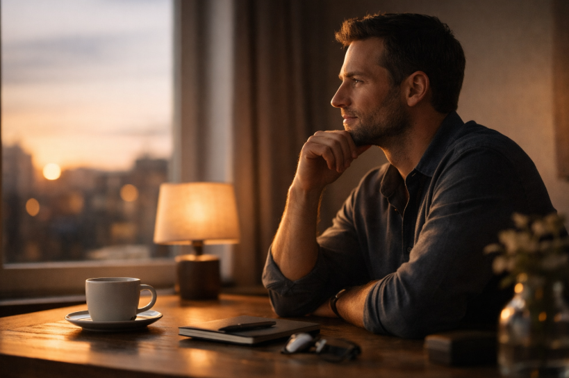Lohnt sich eine Premium-Mitgliedschaft bei einer Partnerbörse – nachdenklicher Mann sitzt am Abend am Tisch in ruhiger Atmosphäre und blickt aus dem Fenster