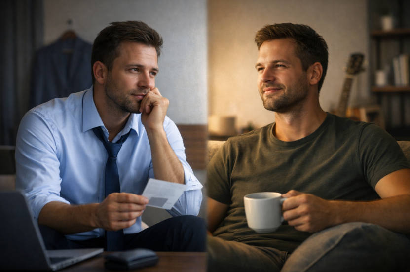 Lohnt sich eine Premium-Mitgliedschaft bei einer Partnerbörse – Mann in zwei unterschiedlichen Lebensphasen zwischen beruflichem Alltag und entspannter Privatsituation