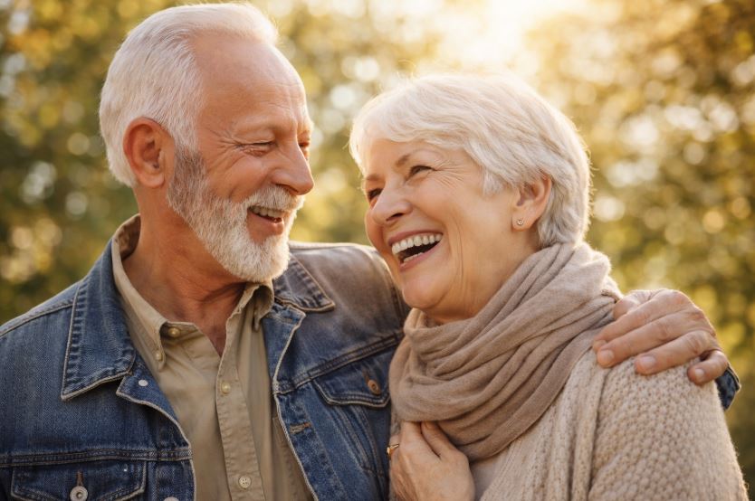 Älteres Paar im Ruhestand bei einem Spaziergang im Park, symbolisch für private Rentenversicherung