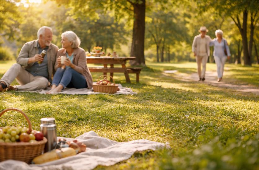 Mehrere ältere Paare verbringen Zeit in einem sonnigen Park, symbolische Darstellung der privaten Rentenversicherung