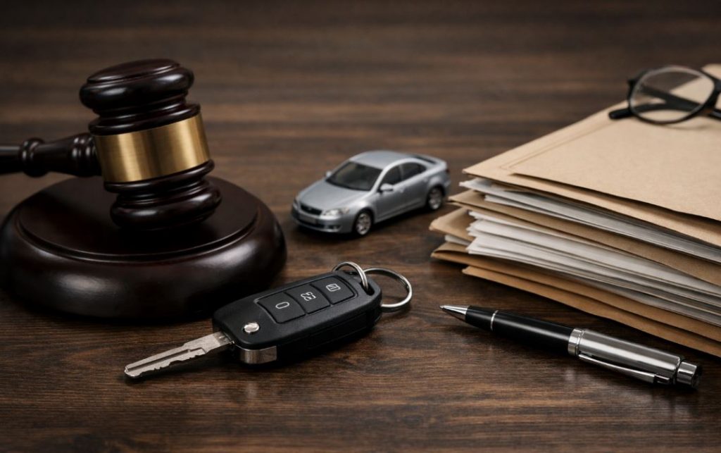 Richterhammer, Autoschlüssel und Vertragsunterlagen auf einem Tisch als symbolische Darstellung der Rechtsschutzversicherung für Privat-, Verkehrs- und Berufsrecht.