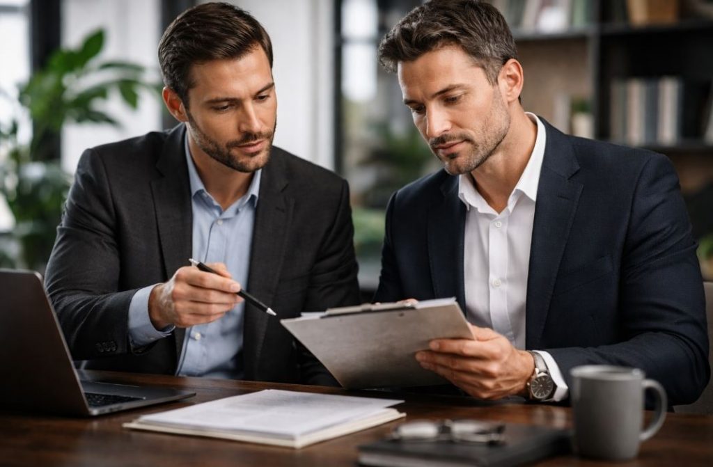Zwei Männer prüfen Unterlagen an einem Schreibtisch als symbolische Darstellung der Entscheidung für oder gegen eine Rechtsschutzversicherung.