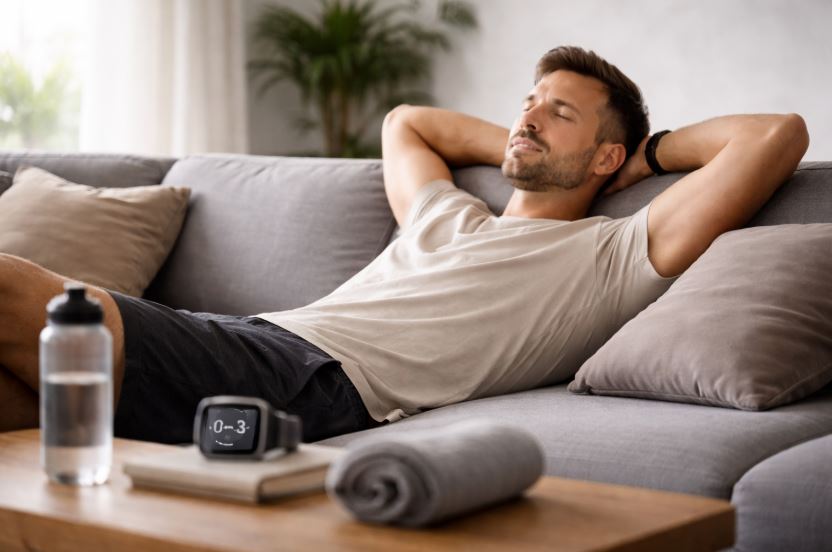 Regeneration verstehen – Mann entspannt auf dem Sofa nach moderater Belastung, mit Fokus auf Schlaf, Erholung und bewusste Regeneration im Alltag
