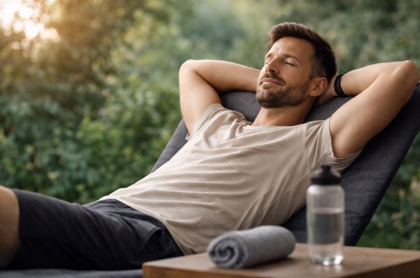 Regeneration verstehen – Mann entspannt nach körperlicher Belastung im Freien, mit Fokus auf bewusste Erholung, Schlaf und Regeneration im Alltag