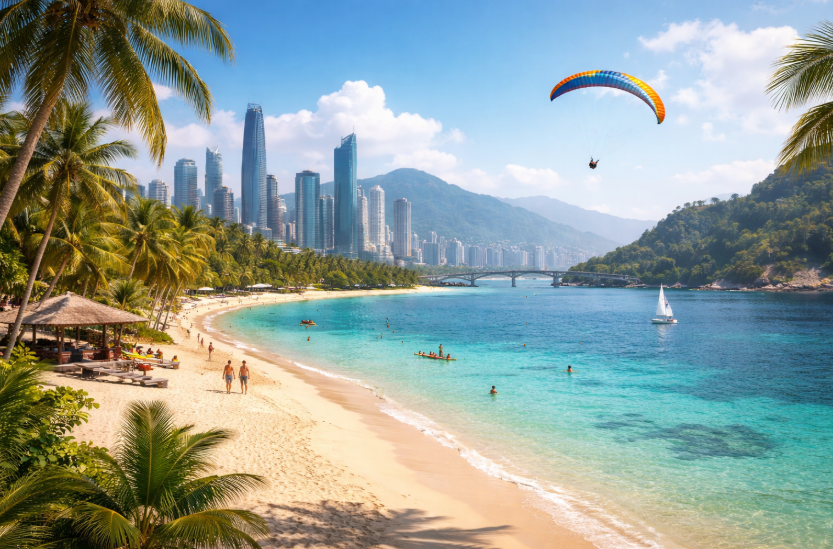 Reisen für Männer – heller Sandstrand mit türkisblauem Meer, Skyline mit Wolkenkratzern, Brücke und Paragleiter vor Bergkulisse im Hintergrund