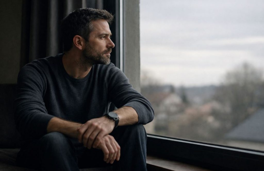 Auszeiten statt Flucht: Nachdenklicher Mann sitzt ruhig am Fenster und blickt nach draußen