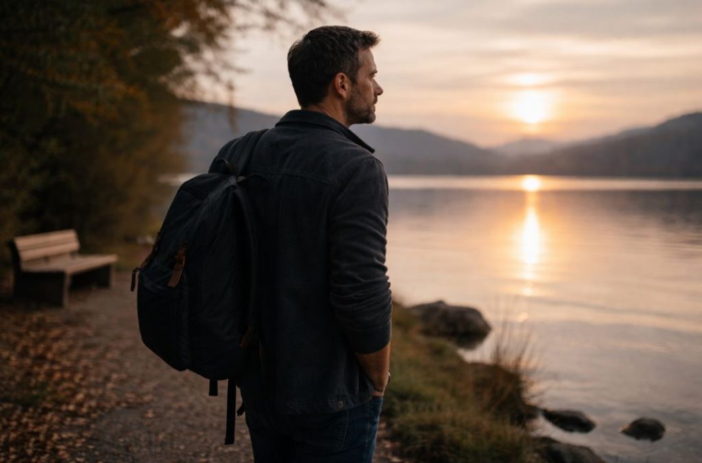 Auszeiten statt Flucht: Mann steht ruhig am Seeufer bei Sonnenuntergang und blickt auf das Wasser