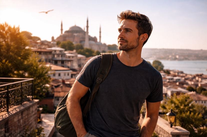 Reisen ohne Stress – Mann bei sonnigem Wetter in einer ruhigen Stadtlandschaft, entspannt unterwegs
