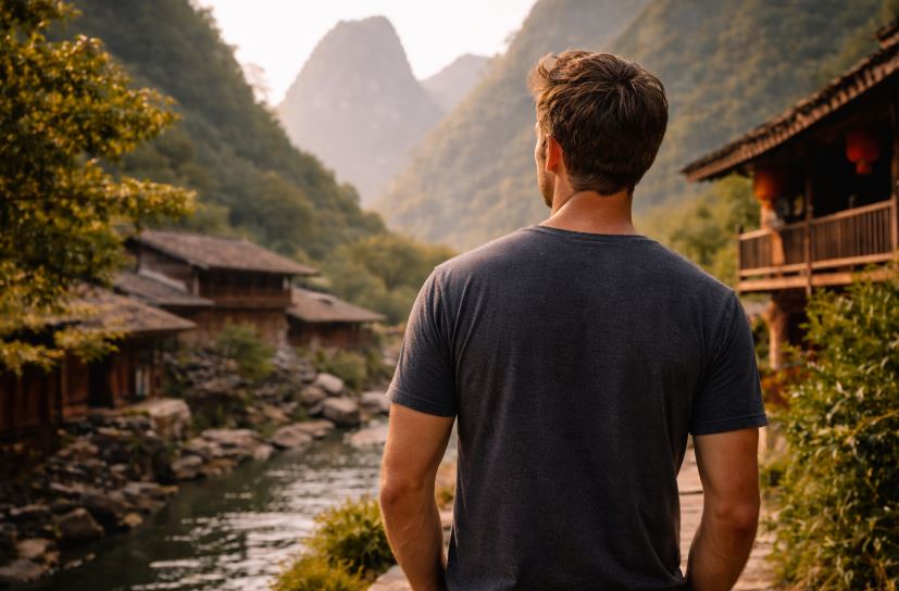 Reisen ohne Stress – Mann von hinten in einem ruhigen chinesischen Bergdorf bei sonnigem Wetter