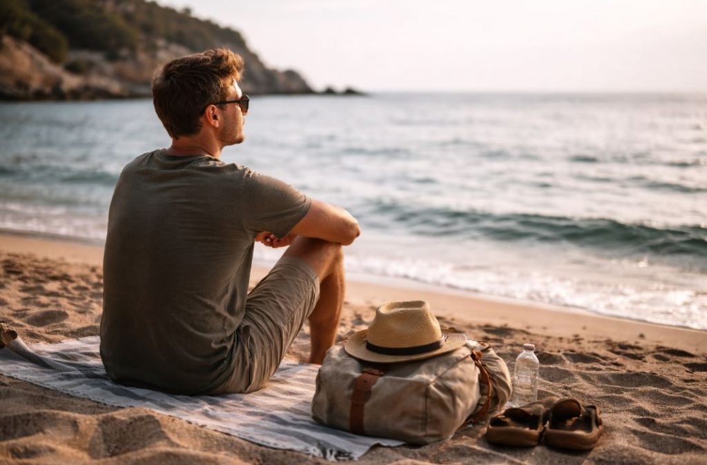 Mann Mitte 30 sitzt ruhig am Strand und blickt aufs Meer als Sinnbild für realistischere Erwartungen und bewussteres Reisen mit 30.