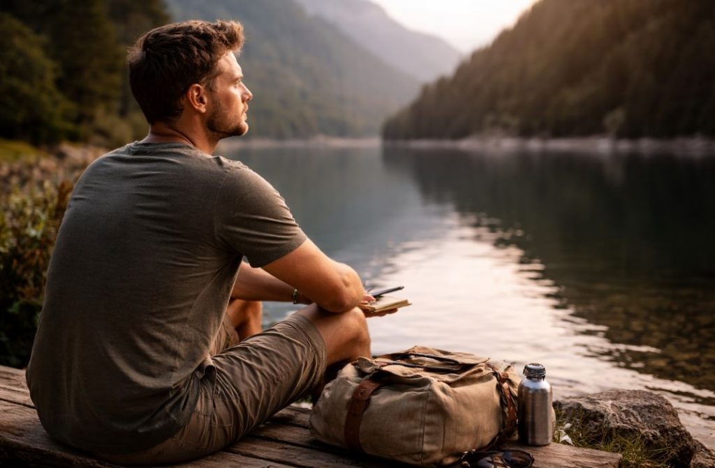Mann Mitte 30 sitzt nachdenklich am See und blickt in die Landschaft als Sinnbild dafür, wie Reisen mit 30 die eigene Lebensphase reflektieren.