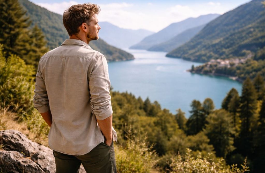 Mann Mitte 30 blickt von rechts nach links über eine ruhige Seenlandschaft als Sinnbild für reflektiertes Reisen mit 30 und eine bewusste Lebensphase.