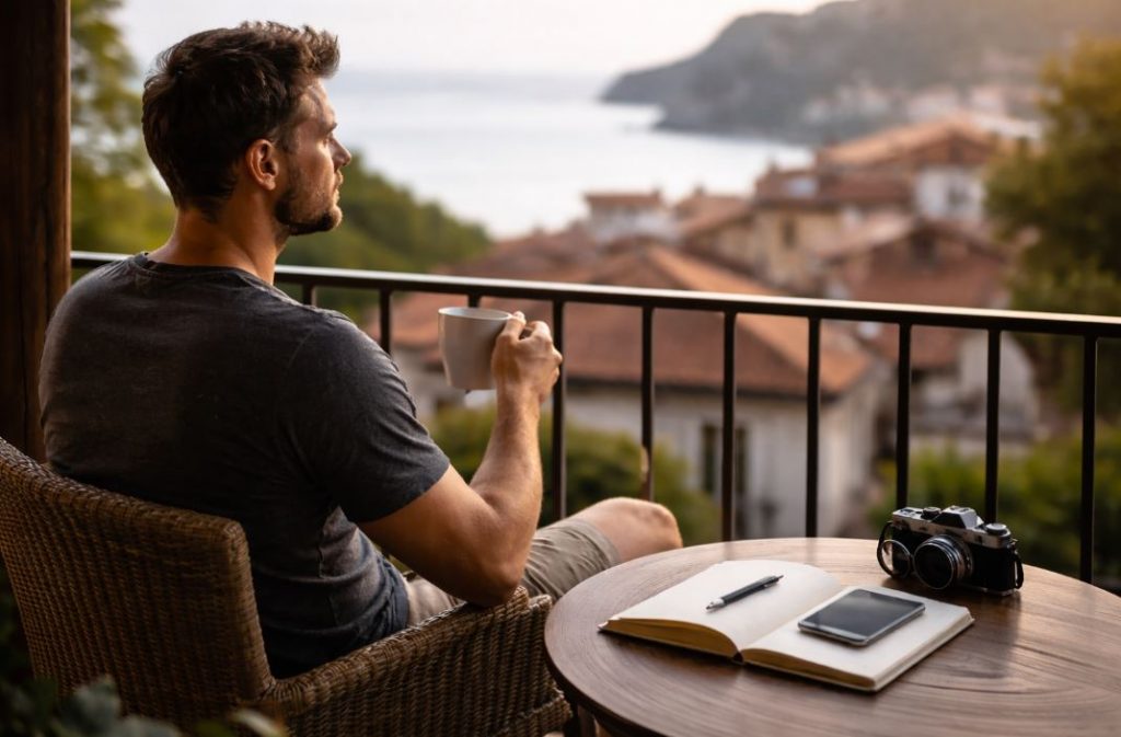 Mann Mitte 30 blickt von einem Balkon auf eine Küstenstadt und genießt eine ruhige Auszeit als Sinnbild für Reisen mit 30 und bewusste Erholung.
