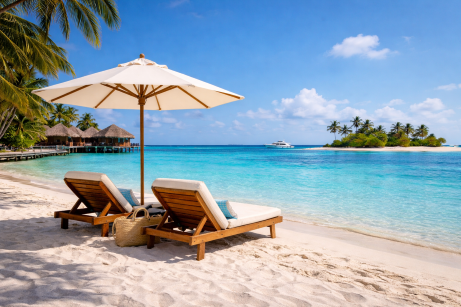 Reisen ohne Stress am Strand mit türkisfarbenem Wasser, hellem Sand und ruhiger Resort-Umgebung