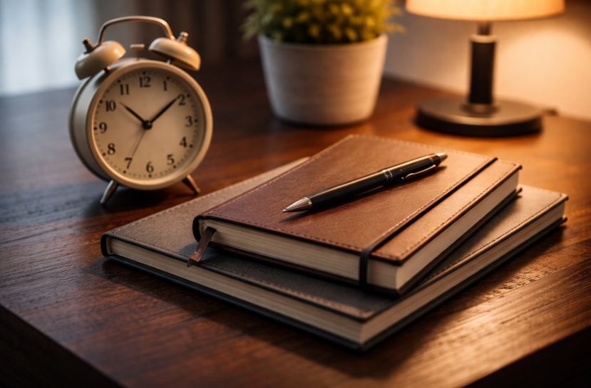 Morgen- und Abendroutinen im Alltag – analoge Hilfsmittel wie Notizbuch, Stift und Wecker zur ruhigen Strukturierung des Tages
