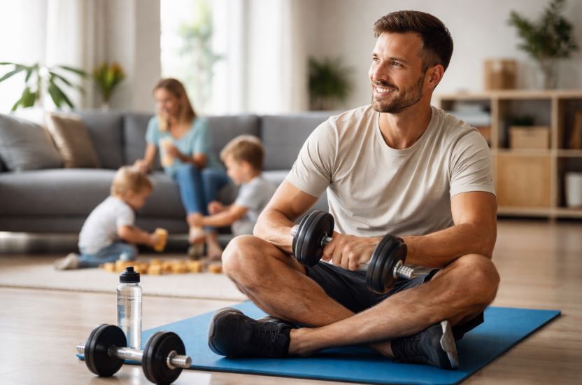Training zuhause mit Familie – ruhige Trainingseinheit im Wohnzimmer mit Fokus auf Bewegung im familiären Alltag