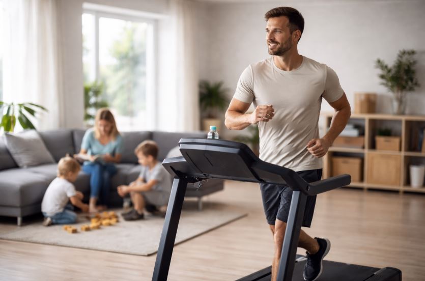 Training zuhause mit Familie – Mann läuft auf dem Laufband im Wohnzimmer, während Familie anwesend ist und Bewegung alltagstauglich integriert wird