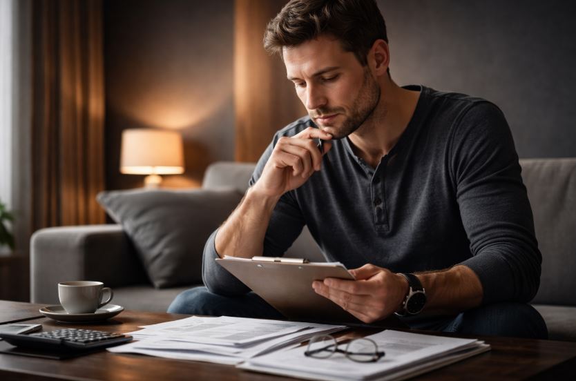Umschuldung sinnvoll: Mann im Homeoffice prüft Kreditunterlagen und ordnet seine finanzielle Situation ruhig ein