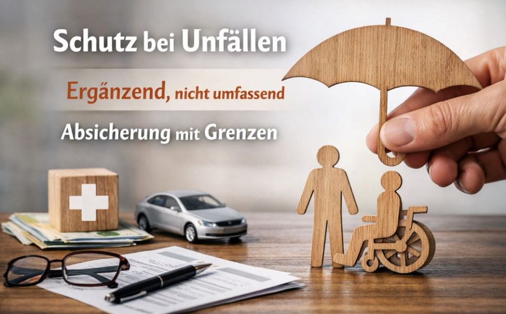 Symbolische Darstellung von Unfallabsicherung mit Figuren, Fahrzeug und Dokumenten als Einordnung der Unfallversicherung als ergänzende, begrenzte Absicherung.