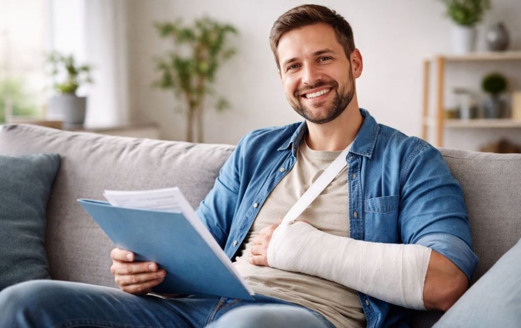 Mann sitzt entspannt mit verletztem Arm auf dem Sofa und hält Unterlagen als symbolische Darstellung der finanziellen Absicherung durch eine Unfallversicherung.