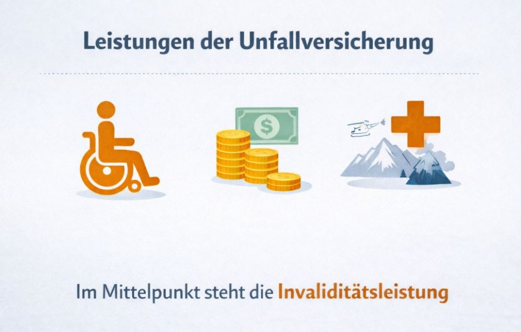 Abstrakte grafische Darstellung typischer Leistungsbereiche einer Unfallversicherung mit Fokus auf Invaliditätsleistungen.