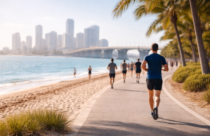 Lauftraining für Männer auf einer Küstenpromenade mit Blick auf Meer, Großstadt und Brücke bei sonnigem Wetter