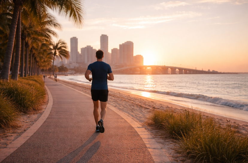Lauftraining für Männer bei Sonnenuntergang entlang einer Küstenpromenade mit Meer rechts, Stadt links und roter Sonne am Horizont
