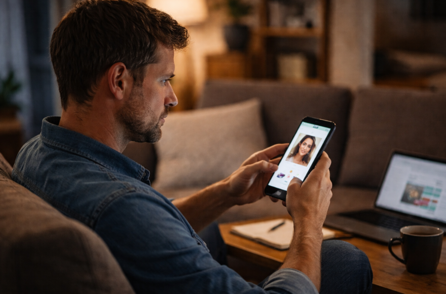 Mann nutzt Dating-App am Smartphone – Vergleichbarkeit und Auswahl im Online-Dating