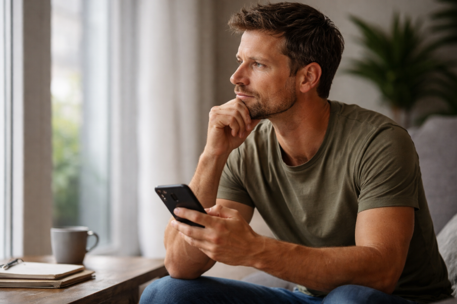 Nachdenklicher Mann mit Smartphone am Fenster – Reflexion über Vergleichbarkeit und Auswahl im Online-Dating