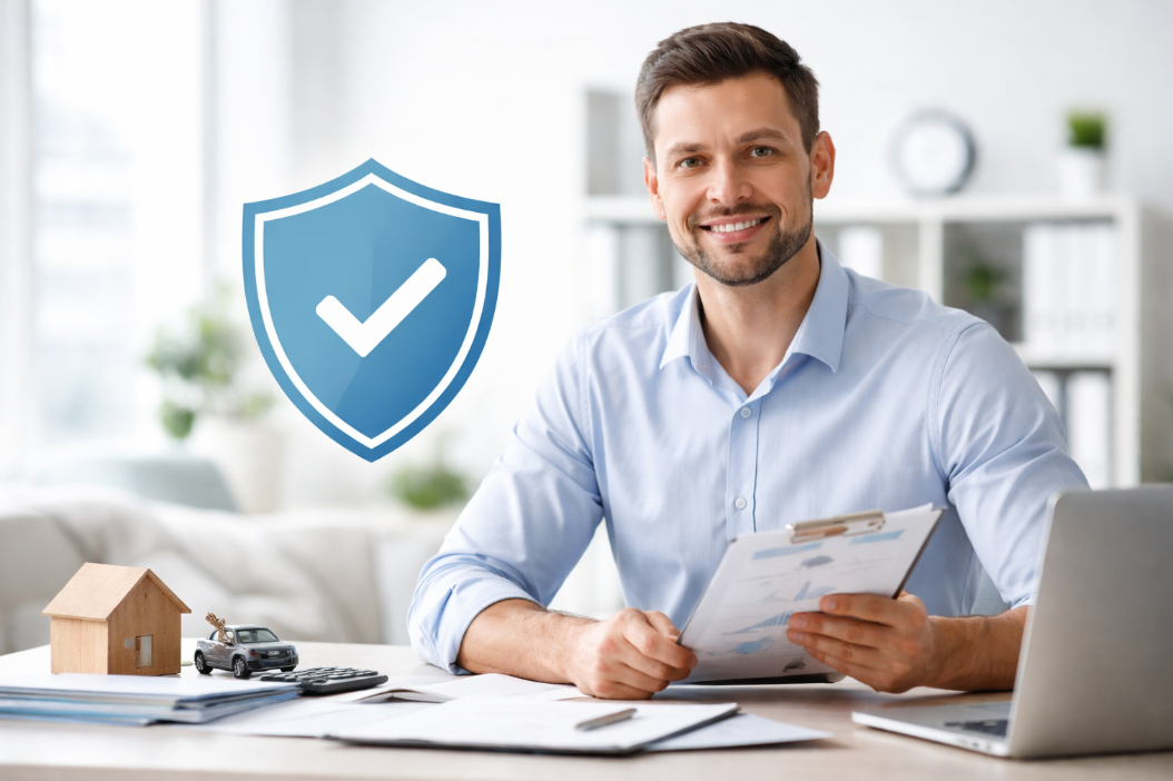 Versicherungen für Männer – seriöser Geschäftsmann prüft Unterlagen im hellen Büro mit Symbol für finanzielle Absicherung