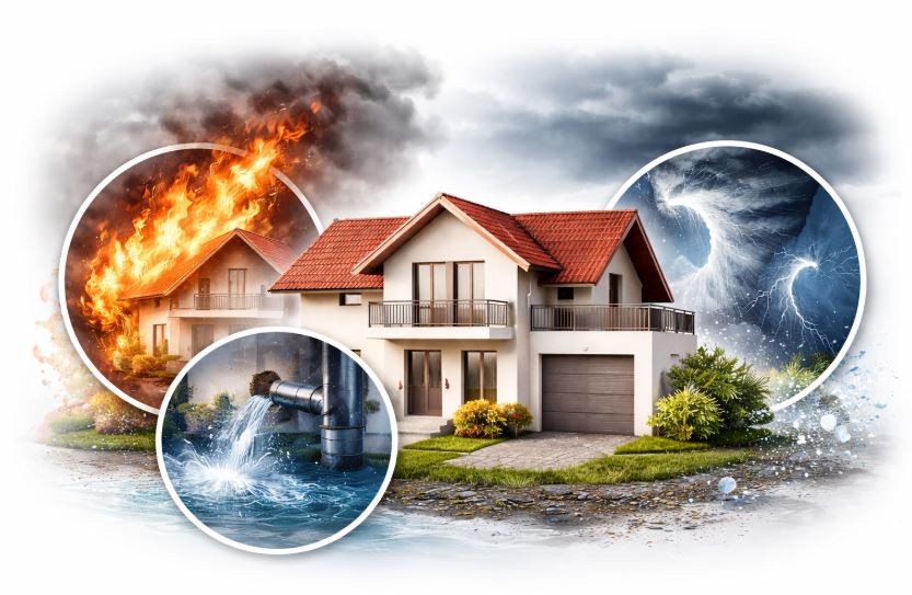 Wohngebäudeversicherung – grundlegende versicherte Risiken wie Feuer, Leitungswasser sowie Sturm und Hagel am Wohngebäude
