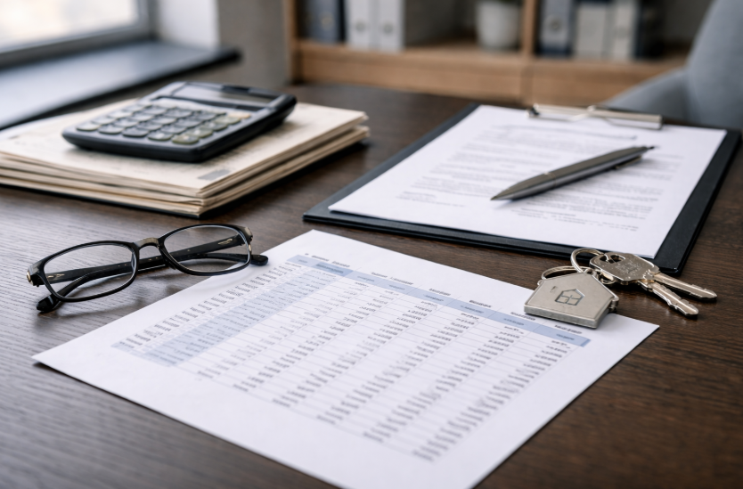 Zins Laufzeit Tilgung – strukturierte Kreditunterlagen mit Tilgungsplan, Taschenrechner, Brille und Schlüsseln auf einem sachlichen Schreibtisch in ruhiger Büroumgebung
